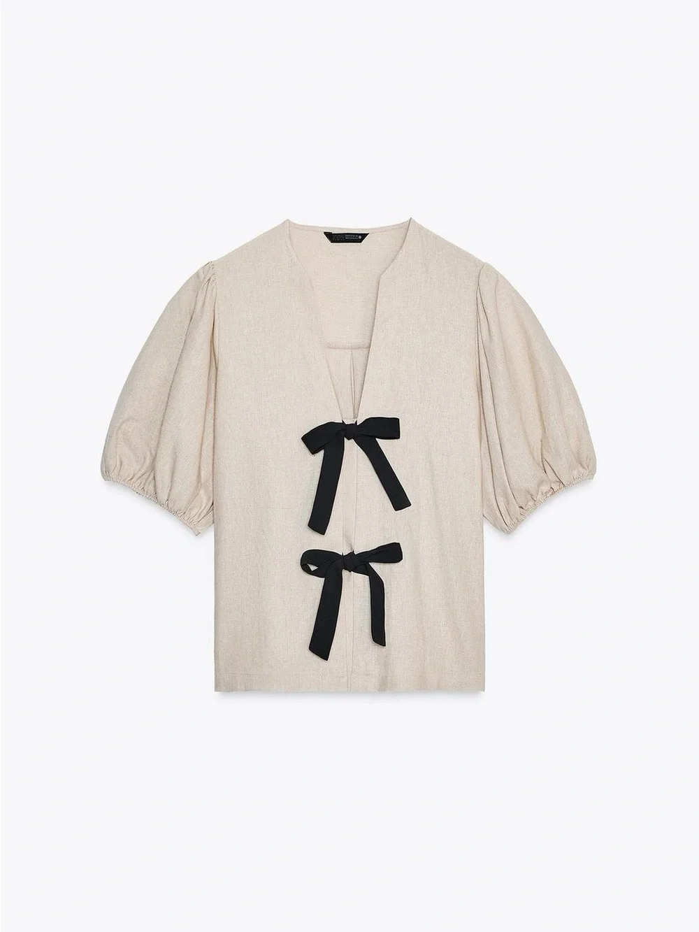 NWT. Zara Light Beige Linen Blouse with Ties. Size M.